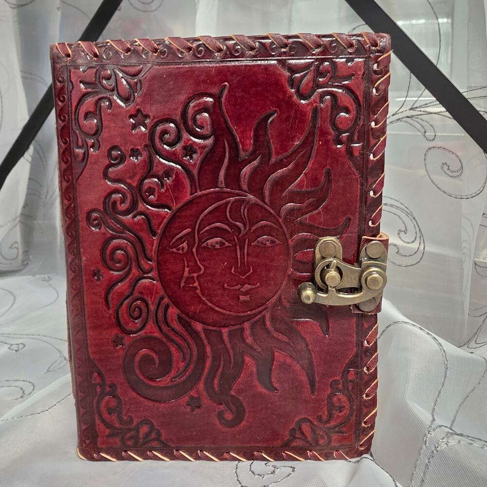 Brown Leather Journal Diary Metal Clasp White Pages 5x7 New Sun-Moon